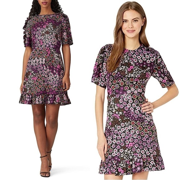 KATE SPADE Silk Floral Ruffled Short Sleeve Smocked Flounce Hem Flare Dress 12 - Picture 1 of 14